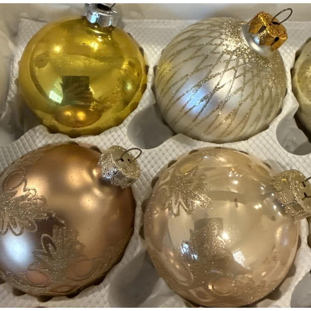Vintage Gold Glittery Glass Ball‎ Christmas Ornaments Variety Set Of 16 USA